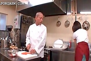 Asian Waitress Gets Tits Grabbed by Boss at Work